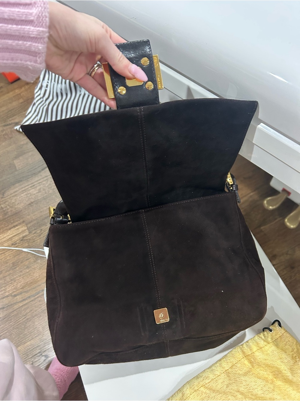 Fendi Dark Brown Suede Shoulder Bag with Gold-Tone Buckle - Picture 7 of 8
